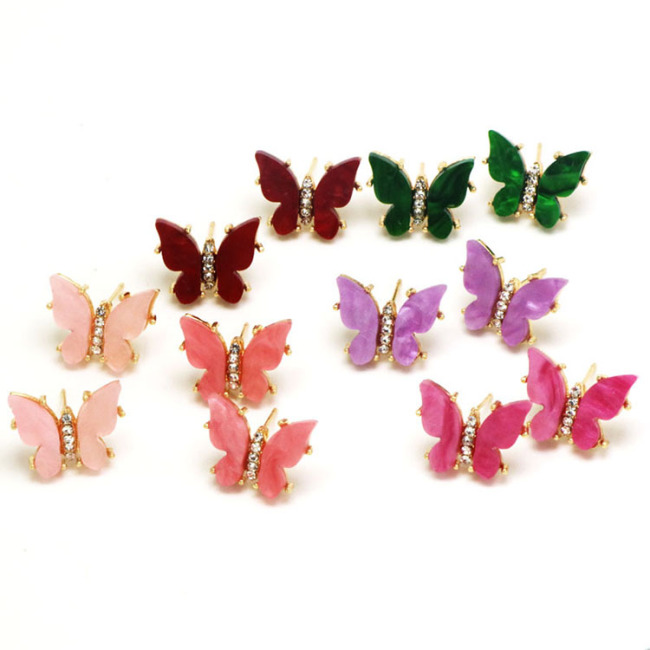EC1734 Pretty Small Womens 18k Gold Plated Butterfly CZ Micro Paved Resin Acrylic Butterfly Stud Earrings for Women Girls