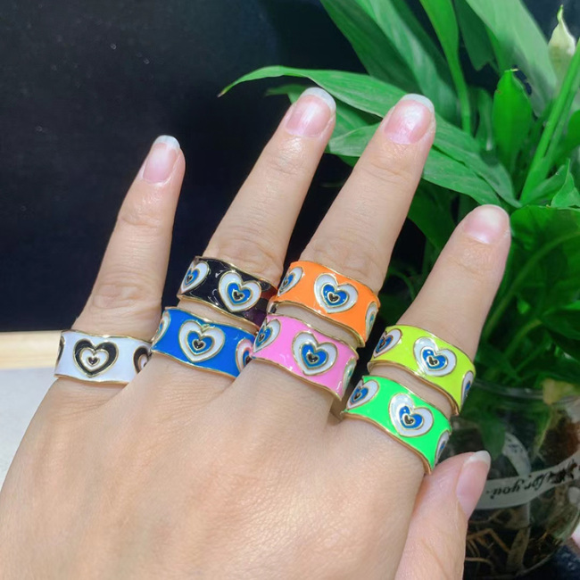 RA1048 High Quality New 18k Gold Plated Chunky Colorful Enamel Rainbow Heart Evil Eye Thick Band Open Rings
