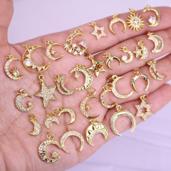 CZ8330 18K Gold Plated mini Pave CZ Star Moon Charm pendants , CZ Micro Pave Crescent Charms for Bracelet Earring Jewelry Making