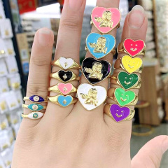 RM1082 New  Chic Multi Color Colorful Enamel Rainbow Evil Eye North Star Angel Smiley Heart Signet Rings for Ladies