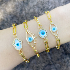 BC1372 Hot Sale CZ Micro Pave Gold Plated Mother of Pearl Shell Turkish Evil eyes Hamsa Hand Charm Bracelet with Paperclip Chain