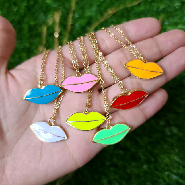 NM1189 18K Gold Plated Colored Enamel Neon Red Pink Lip Pendant Stainless Steel Chain Necklace