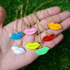 NM1189 18K Gold Plated Colored Enamel Neon Red Pink Lip Pendant Stainless Steel Chain Necklace NM1189 18K Gold Plated Colored Enamel Neon Red Pink Lip Pendant Stainless Steel Chain Necklace