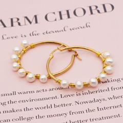 EP1007 high quality  trendy pearl wire wrapped stainless steel hoop earring ,fashion freshwater pearl ladies earring