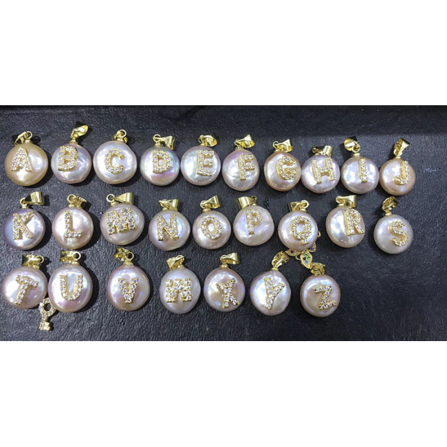 CZ7979 Dainty Natural Freshwater Pearl Charm Pendant with CZ Micro Pave Initial alphabet letter charms Pendants