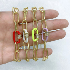 BC1268 Fashion CZ Micro Pave Neon enamel Carabiner Screw Oval Clasp Lock Paperclip Chain bracelet jewelry for women