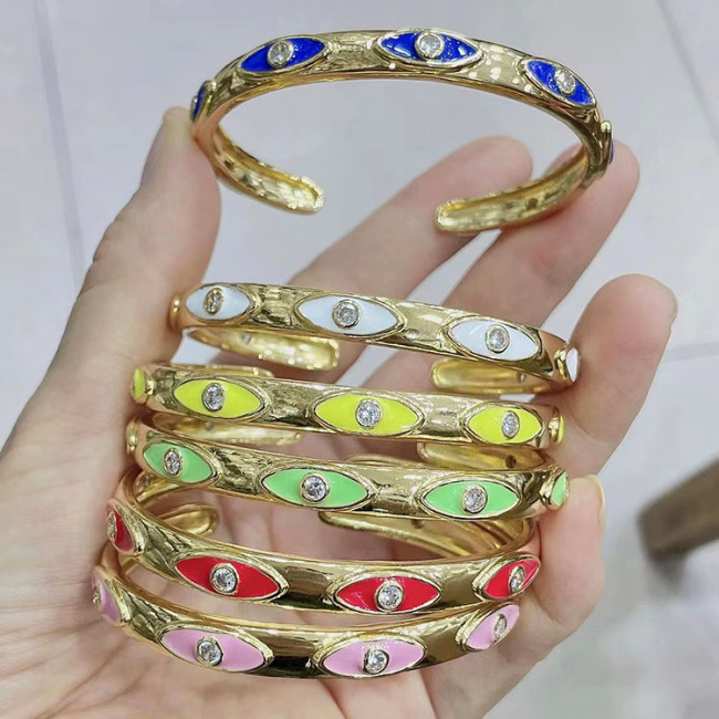 BC2049 18K Gold Plated Diamond CZ Paved Enamel Evil Eye Cuff Bangles