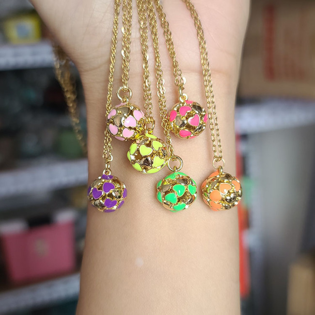 NM1255 Gold Plated Stainless Steel Chain Enamel Multi Colored Heart Ball Pendant Necklace for Women