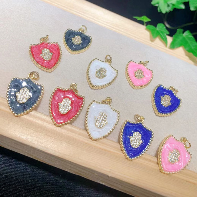 CZ840118k Gold Plated Micro Pave CZ Hamsa Hand On Enamel Colorful Shield Shape Pendants