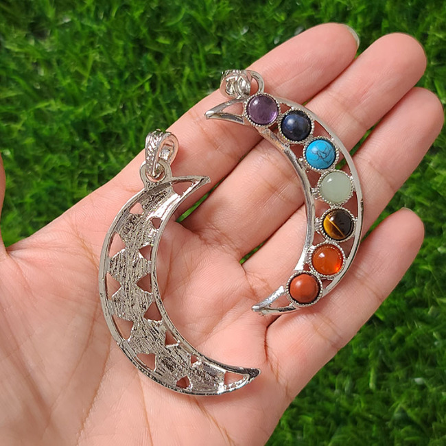 JF7263 7 Chakra Crystal Gemstone Crescent Moon Pendant, Reiki Healing Crystal Yoga Pendants