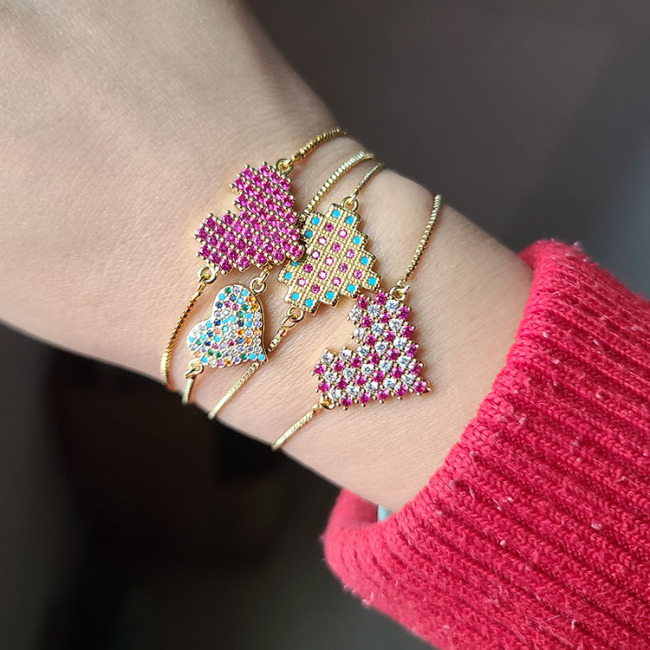 BC1267 Fashion  Charm Adjustable Gold plated Brass CZ Micro Pave colourful Heart Chain Wrist Ladies  Bracelet