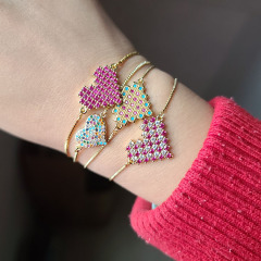 BC1267 Fashion Charm Adjustable Gold plated Brass CZ Micro Pave colourful Heart Chain Wrist Ladies Bracelet