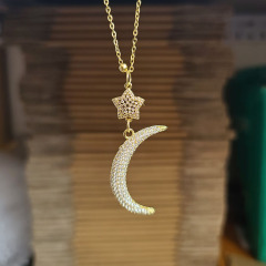 NZ1292 18k Gold Plated CZ Micro Pave Crescent Moon and Star Pendant Choker Necklace,Celestial Jewelry