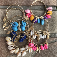 EM1065 Hawaiian Beach Vacation or Daily Wear Hoop Sea Shell Earrings for Women - Cowrie Shell Dangle Earrings
