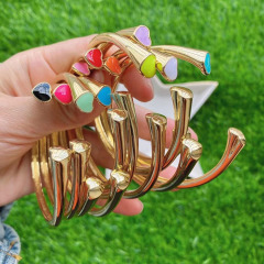 BA1045 18K Gold Plated Over Brass Rainbow Enamel Multi Colored Heart Hand Open Cuff Bangle Bracelet