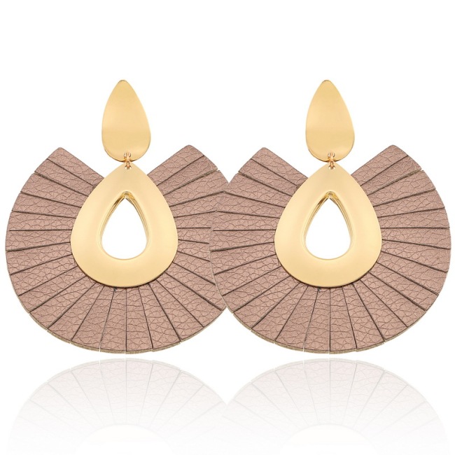 EL1001 Fashion Gold Plated fan-shaped Leather Fringe Tassel Earrings for Women