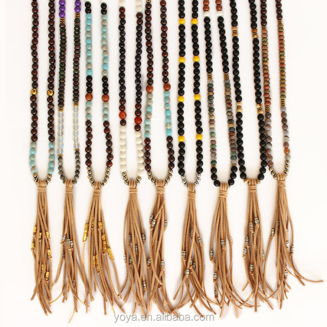 NE2455 Fashion gemstone beaded long necklace with suede cord tassels,2017 trendy tassel necklace