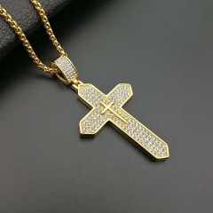 NS1148 fashion hiphop 18K gold plated stainless steel box chain necklace, charm stainless steel CZ cross pendant men necklace