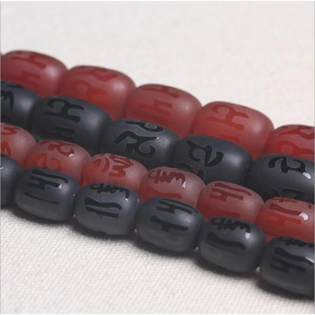 AB0827 Matte  Mantra Carved Black Agate Barrel Beads,Matte Red Tibetan om mantra etched black agate barrel beads