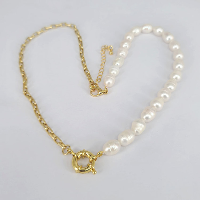 NP1020 Fashion Popular Chic Gold Half Freshwater Pearl Half Paperclip Link Chain Spring Sailors Spring Clasp Necklace