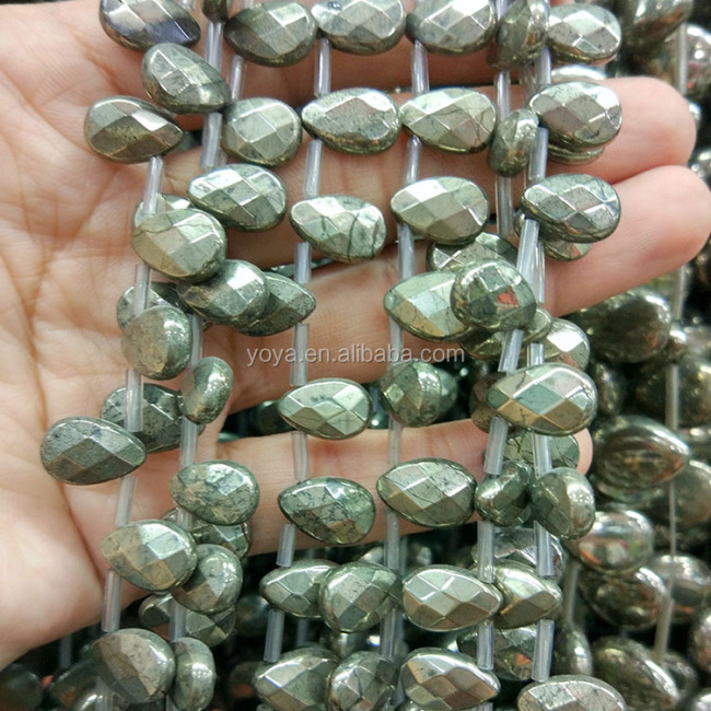 PB1155 Natural Iron Pyrite Gemstone Faceted Briolette Teardrop Beads