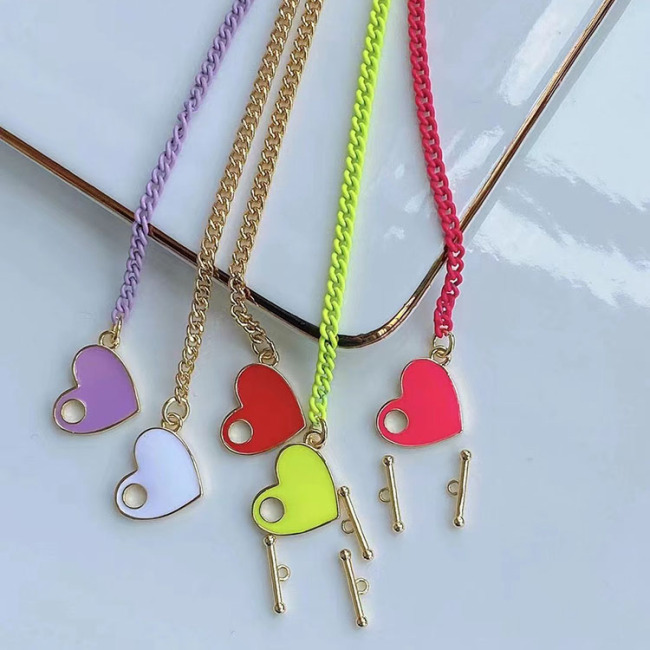 NM1214 Fashion Enamel Multicolor Heart Toggle Clasp Necklace with Enamel Rainbow Chain