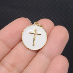 JS1602 18K Gold Plated Cross on Candy Colour Enamel Neon Multicolor Disc Round Charm Pendants