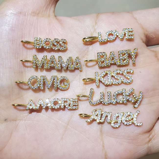 CZ8111 New Dainty Diamond CZ Micro Pave Letter Words Baby Boss Lucky Love Mama Charms for Jewelry Making