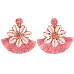 EM1012 Wonderful Handmade Boho Seed Beaded Natural Cowrie Shell Cowry Charm Plum Blossom Flower Earrings
