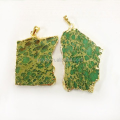 JF6544 Wholesale gold plated green sea sediment jasper slice pendant,natural stone slab pendant
