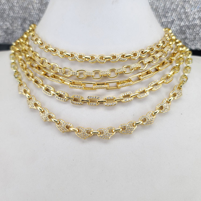 NZ1284 18k Gold CZ Micro Pave Coffee Bean Paperclip Curb Cuban Link Chain Necklace Zircon Diamond Chain jewelry set for Women
