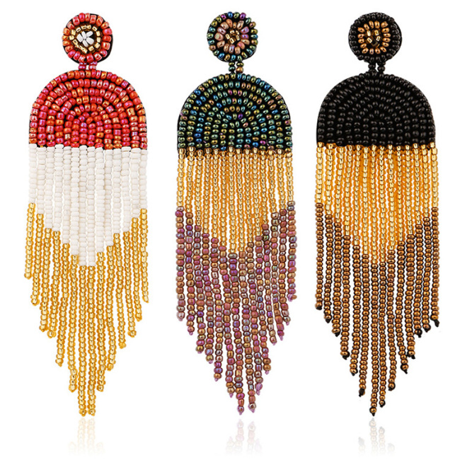 EG1022 High Quality Handmade Chic Large Bohemia Long Tiny Miyuki Seed Beaded Statement Tassel Fringe Earrings for Women