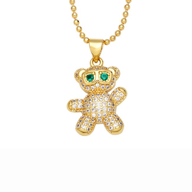 NZ1332 18k Gold Plated Cute CZ Micro Pave Bear Pendant Ball Chain Necklace for Women