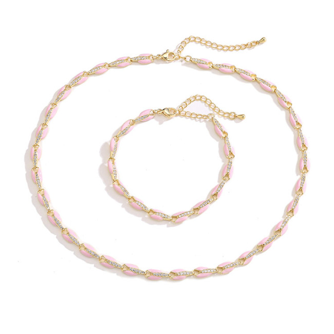 S11122  Dainty 18k Gold Plated Enamel Rainbow Neon CZ Paved Link Chain Bracelet and Necklace Jewelry Sets