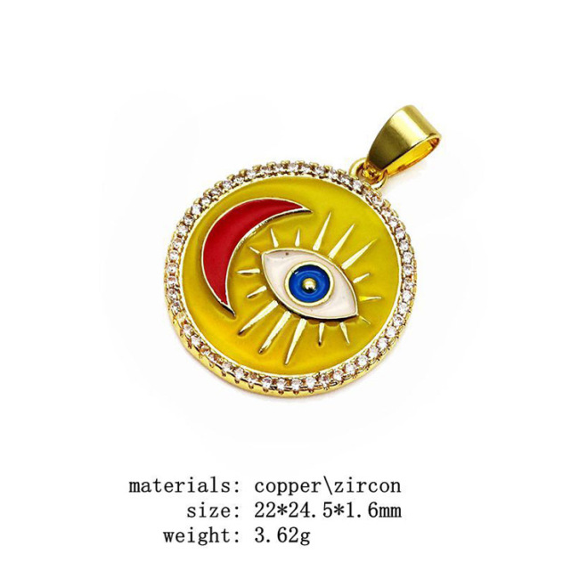 CZ8454 Rainbow Enamel Multicolor CZ Zircon Micro Pave Evil Eyes and Moon on Disc Round Charm Pendant for Necklace Jewelry Making