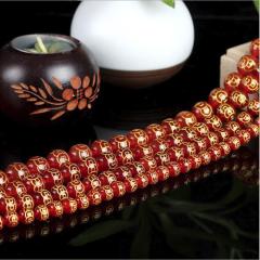 AB0825 Wholesale  black,Red Agate Carved Gold Ancient copper money Coin Pattern Round Beads