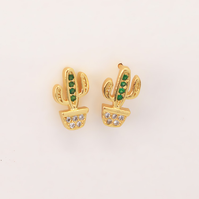 EC1188 Dainty Gold Minimalist Cactus Earring Cubic Zirconia Pave Earrings for Women, Mini CZ Cactus Charm Earrings