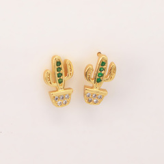 EC1188 Dainty Gold Minimalist Cactus Earring Cubic Zirconia Pave Earrings for Women, Mini CZ Cactus Charm Earrings