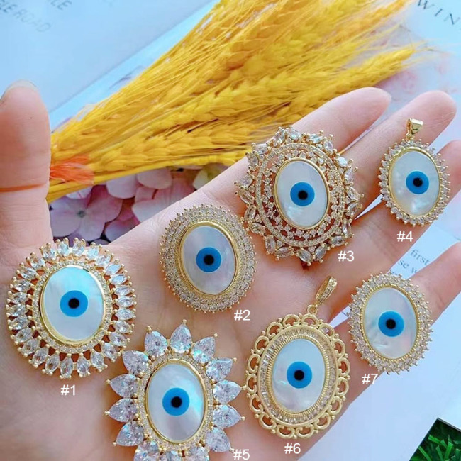 CZ8488 18K Gold Plated CZ Pave Mother of pearl White Shell Turkish Evil Eye Protection Talisman, Nazar Amulet Pendants
