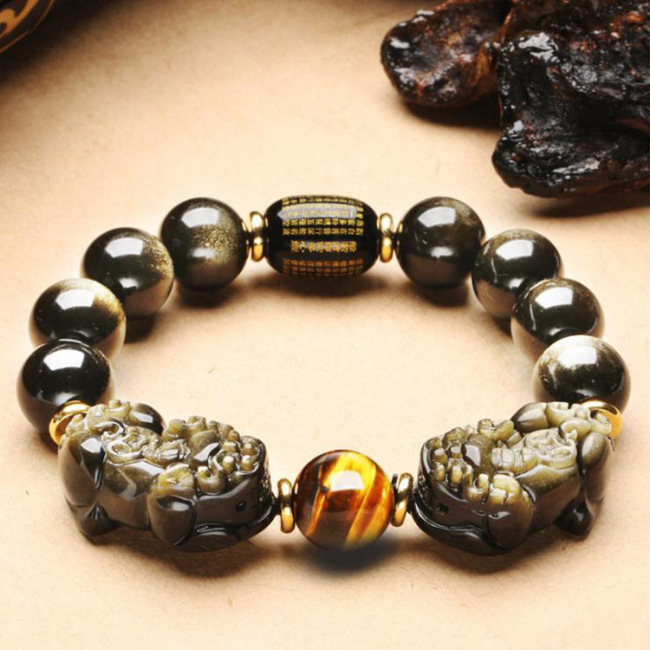 Pixiu Feng Shui Black Obsidian Wealth Bracelet Natural Tiger Eye Beads Lucky Feng Shui Bracelet