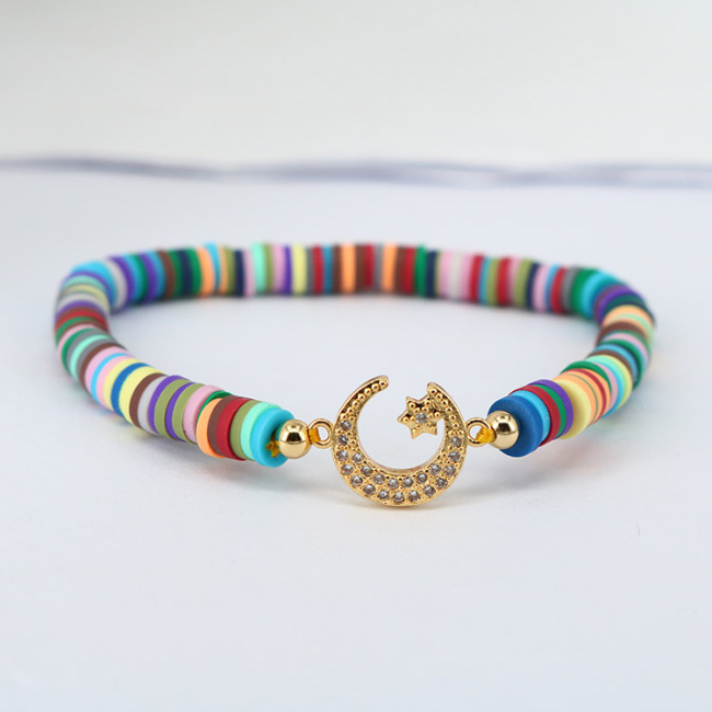 BC1260 Rainbow Polymer Clay Disc Heishi beaded Zircon CZ Micro Pave Heart Cross Charm Bracelet