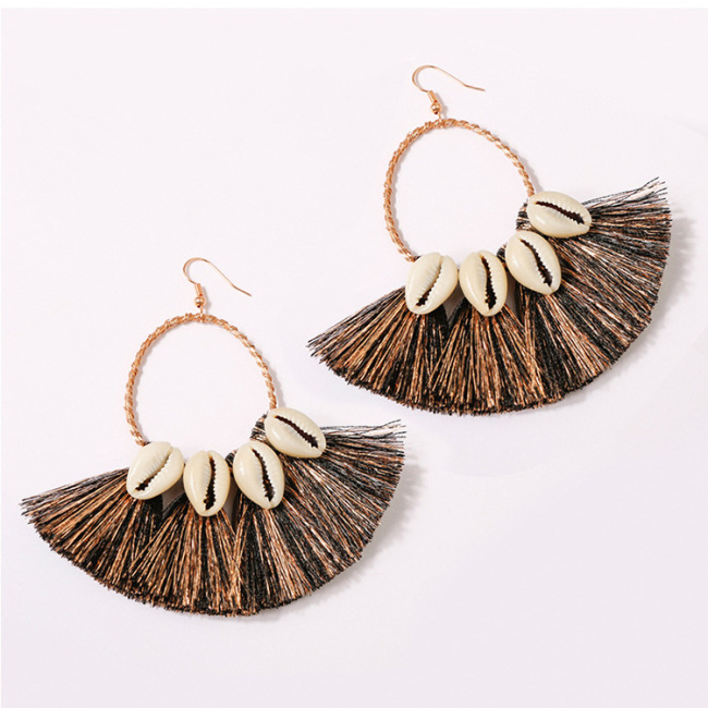 ET1062 High Quality Handmade Chic Shiny Silk Tassel Cowrie Shell Earrings Hoop Earrings