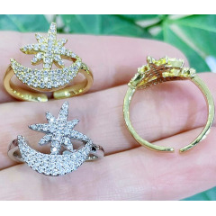RM1301 Trendy Dainty 18k Gold Silver Plated Micro Pave CZ Crescent Moon and Star Celetial Jewelry Open Rings for Ladies Women