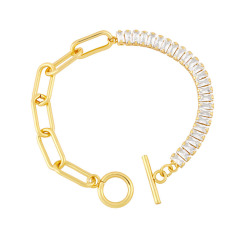 BC1386 18K Gold Plated Half Curb Chain Half CZ Cubic Zirconia Baguette Tennis Toggle Bracelets
