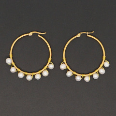 EP1007 high quality  trendy pearl wire wrapped stainless steel hoop earring ,fashion freshwater pearl ladies earring