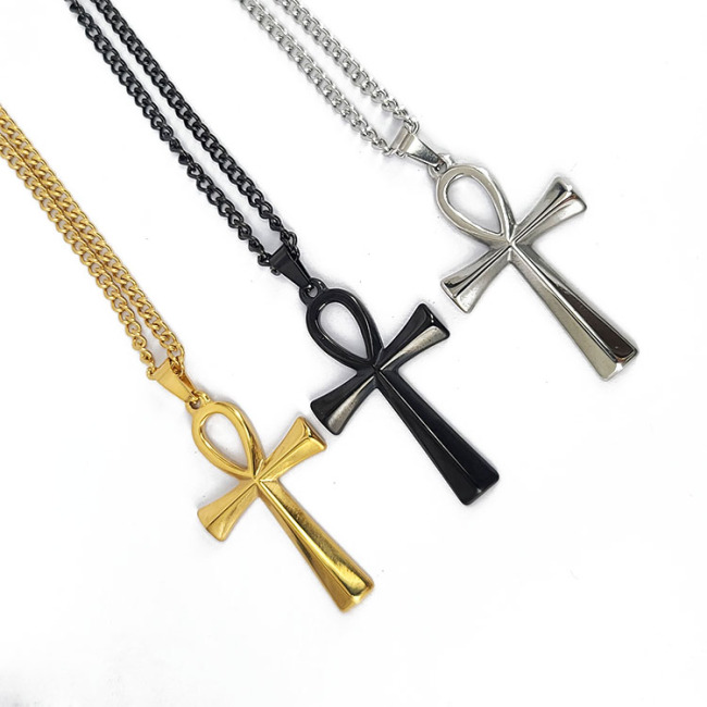 NS1134 High Quality Unisex Men's Gold Plated Stainless Steel Ankh Cross Pendant Chain Religious Necklace Jewelry for Men