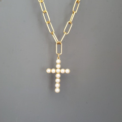 Chic Gold Plated Stainless Steel Paperclip Chain Pearl Coin Statement Pendant Layering Necklace Jewelry,Cross Pendant Necklace