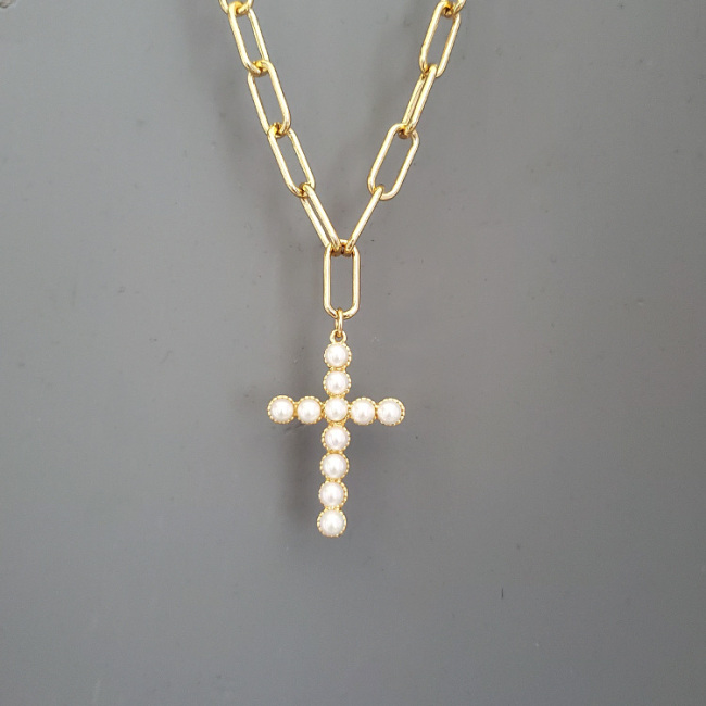 Chic Gold Plated Stainless Steel Paperclip Chain Pearl Coin Statement Pendant Layering Necklace Jewelry,Cross Pendant Necklace