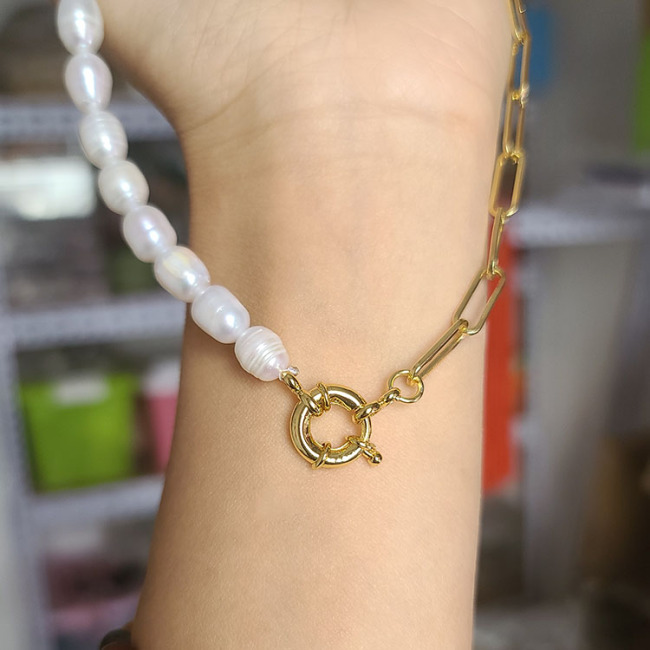 NP1020 Fashion Popular Chic Gold Half Freshwater Pearl Half Paperclip Link Chain Spring Sailors Spring Clasp Necklace
