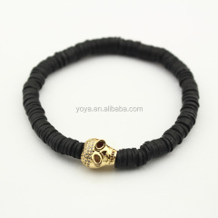 BRA0783 Fashion black polymer clay heishi beaded diamond skull bracelet,cz micro skull head bracelet